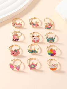 12pcs/set Girls' Adjustable Animal, Rainbow, Crown Decor Zinc Alloy Oil Drop Ring - Multicolor - View 2