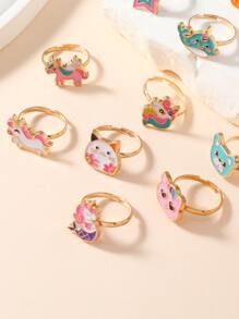 12pcs/set Girls' Adjustable Animal, Rainbow, Crown Decor Zinc Alloy Oil Drop Ring - Multicolor - View 3