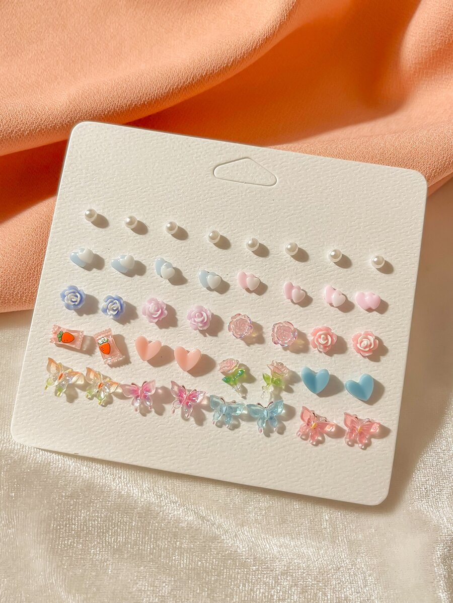 20 Pair/Set Random Color Resin Flower & Butterfly Stud Earring For Women Girls Daily Jewelry Gifts Valentines,Mom,Mother,Mother's Day,Gift