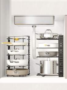 1pc Adjustable Modern & Simple Black Metal Kitchen Countertop Storage Rack For Multiple Kitchenware Such As Chopping Board, Lid, Pots & Pans, Etc. Model A Is Double-sided And Model B Is Single-sided. - Black - View 9