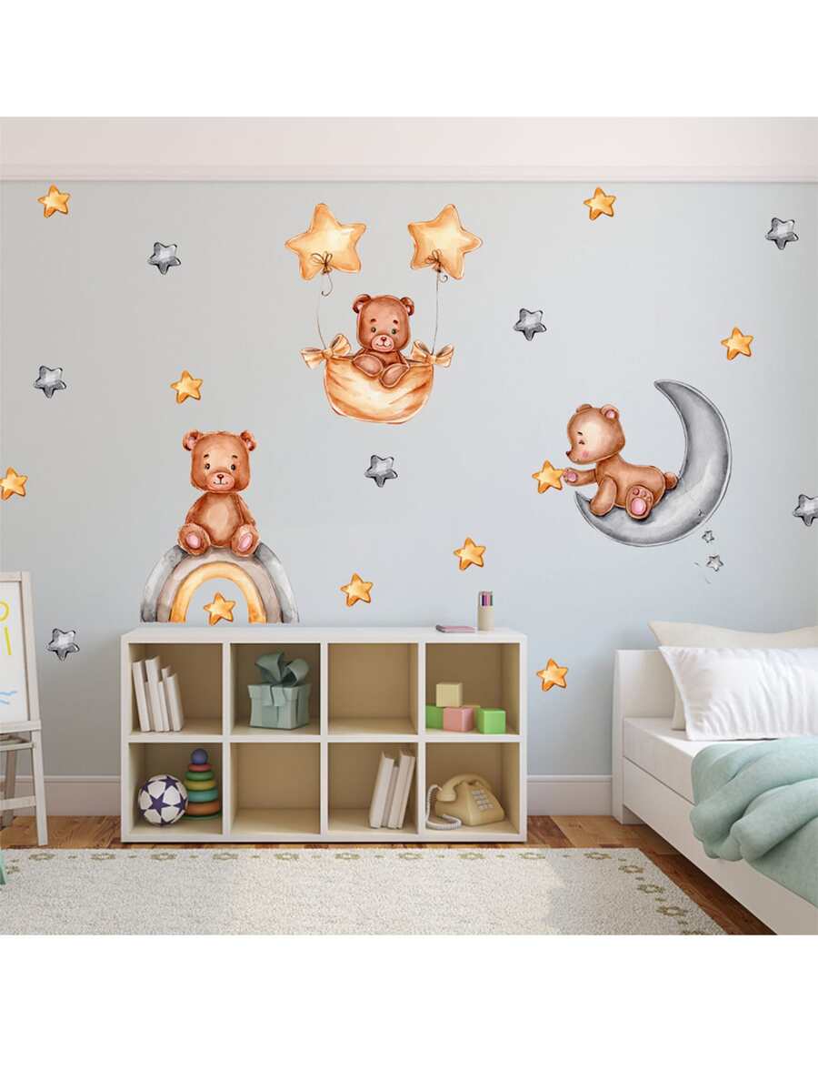 con patrón de oso de dibujos animados casa Pegatina de pared , habitación adorno Calcomanía - Caqui - Ver 1