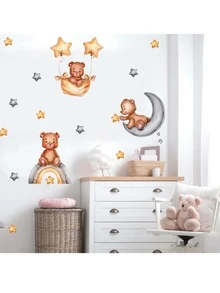 con patrón de oso de dibujos animados casa Pegatina de pared , habitación adorno Calcomanía - Caqui - Ver 2