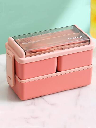 1 hộp nhựa Bento hai lớp màu hồng có ngăn chia, an toàn với lò vi sóng và đa chức năng, nhà bếp, quà tặng Giáng sinh, đồ dùng học tập