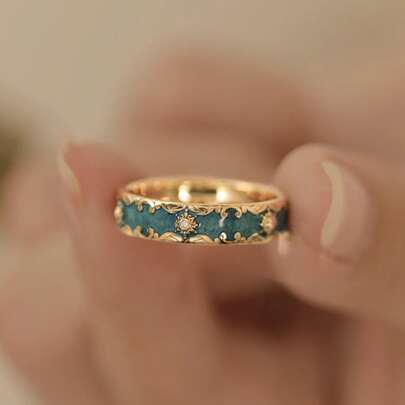 1 件独特花卉图案优雅设计精致绿色珐琅可调节戒指