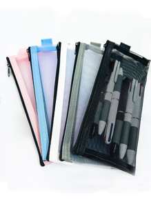 1pc Transparent Mesh Pencil Case Stationery Pouch, Portable Zipper Pencil Bag For Students In Exams - Blue - View 2