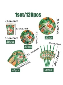 120pcs Disposable Summer Green Flamingo Theme Birthday Party Tableware Set, Includes 9inch/7inch Plates, Napkins, Cups, Dessert Plates, Suitable For 20 Guests - Green - View 10