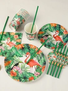 120pcs Disposable Summer Green Flamingo Theme Birthday Party Tableware Set, Includes 9inch/7inch Plates, Napkins, Cups, Dessert Plates, Suitable For 20 Guests - Green - View 2