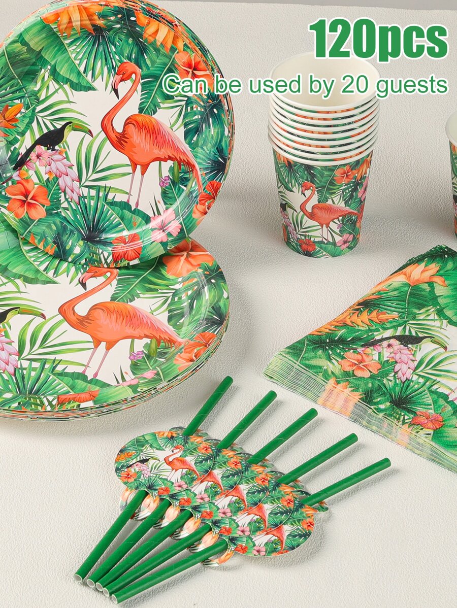 120pcs Disposable Summer Green Flamingo Theme Birthday Party Tableware Set, Includes 9inch/7inch Plates, Napkins, Cups, Dessert Plates, Suitable For 20 Guests - Green - View 1