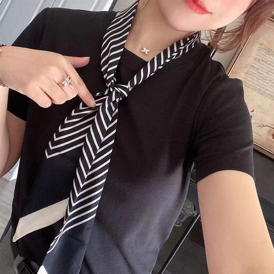 1pc Women's Black & White Houndstooth Pattern Printed Small Neck Scarf - Black - View 1