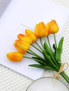 5PCS Artificial Tulips Flowers Real Touch PU Faux Tulip Bouque, Realistic Fake Flower Stems For Home Office Kitchen Wedding Decoration, DIY Floral Arrangements, Spring Home Party,Anniversary And Mother's Day Gifts - Orange - View 5