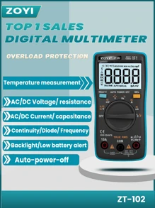 Multímetro digital ZOYI 1 pieza, 6000 cuentas, True-RMS, 17 funciones de medición, retroiluminación disponible. medidor de voltaje, resistencia, diodo, continuidad, capasincia, frecuencia, temperatura y corriente - Azul - Ver 1