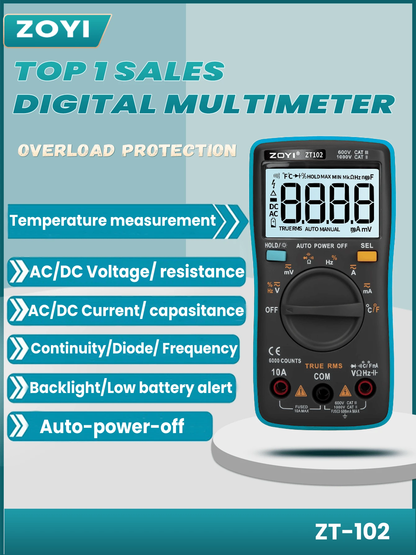 Multímetro digital ZOYI 1 pieza, 6000 cuentas, True-RMS, 17 funciones de medición, retroiluminación disponible. medidor de voltaje, resistencia, diodo, continuidad, capasincia, frecuencia, temperatura y corriente - Azul - Ver 1