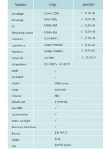 Multímetro digital ZOYI 1 pieza, 6000 cuentas, True-RMS, 17 funciones de medición, retroiluminación disponible. medidor de voltaje, resistencia, diodo, continuidad, capasincia, frecuencia, temperatura y corriente - Azul - Ver 7