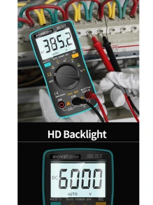 Multímetro digital ZOYI 1 pieza, 6000 cuentas, True-RMS, 17 funciones de medición, retroiluminación disponible. medidor de voltaje, resistencia, diodo, continuidad, capasincia, frecuencia, temperatura y corriente - Azul - Ver 3