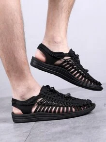 Men's Black Hollow Out Slippers With Drawstring - Black - View 3