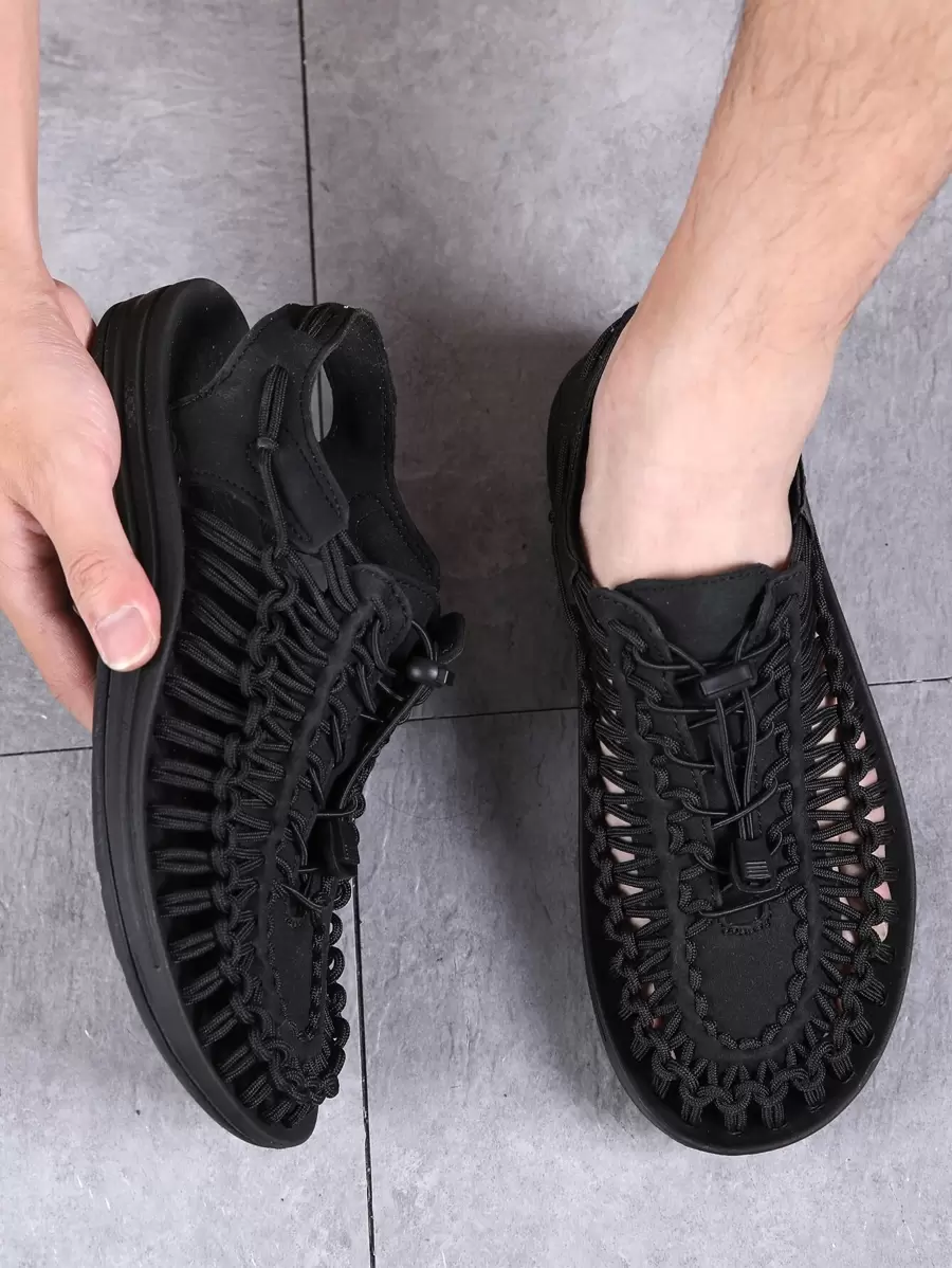 Men's Black Hollow Out Slippers With Drawstring - Black - View 1