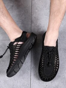 Men's Black Hollow Out Slippers With Drawstring - Black - View 2