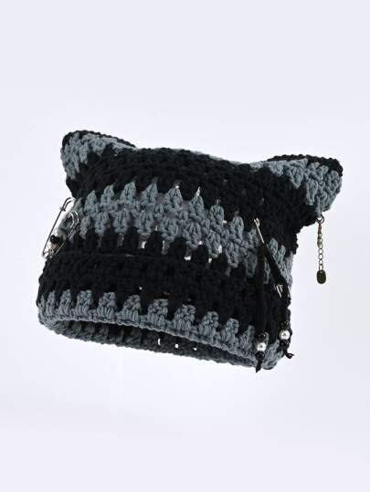 1pc Women's Multicolor Cat Ear Shaped Beanie With Metal Brooch & Tassel Decorations, Cute And Fashionable Knitted Hat For Daily Use Halloween