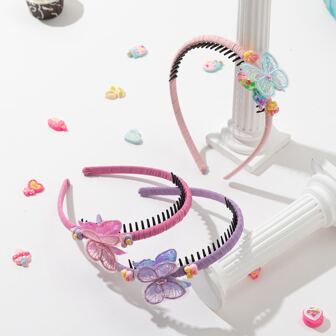 3pcs/Set Girls Hair Clips & Headbands, Cute Butterfly Non-Slip Hairband Accessories
