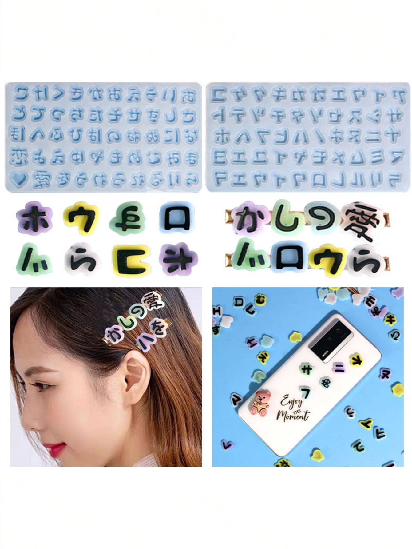 Diy樹脂模具套裝,包含日文字體裝飾貼紙,滴膠模具,矽膠模具和鏡子樹脂模具