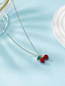1 pieza Collar con cuenta plata con cadena rojo con cereza colgante & rosa rojo para mujeres - Plateado - Ver 2
