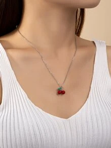 1 pieza Collar con cuenta plata con cadena rojo con cereza colgante & rosa rojo para mujeres - Plateado - Ver 1