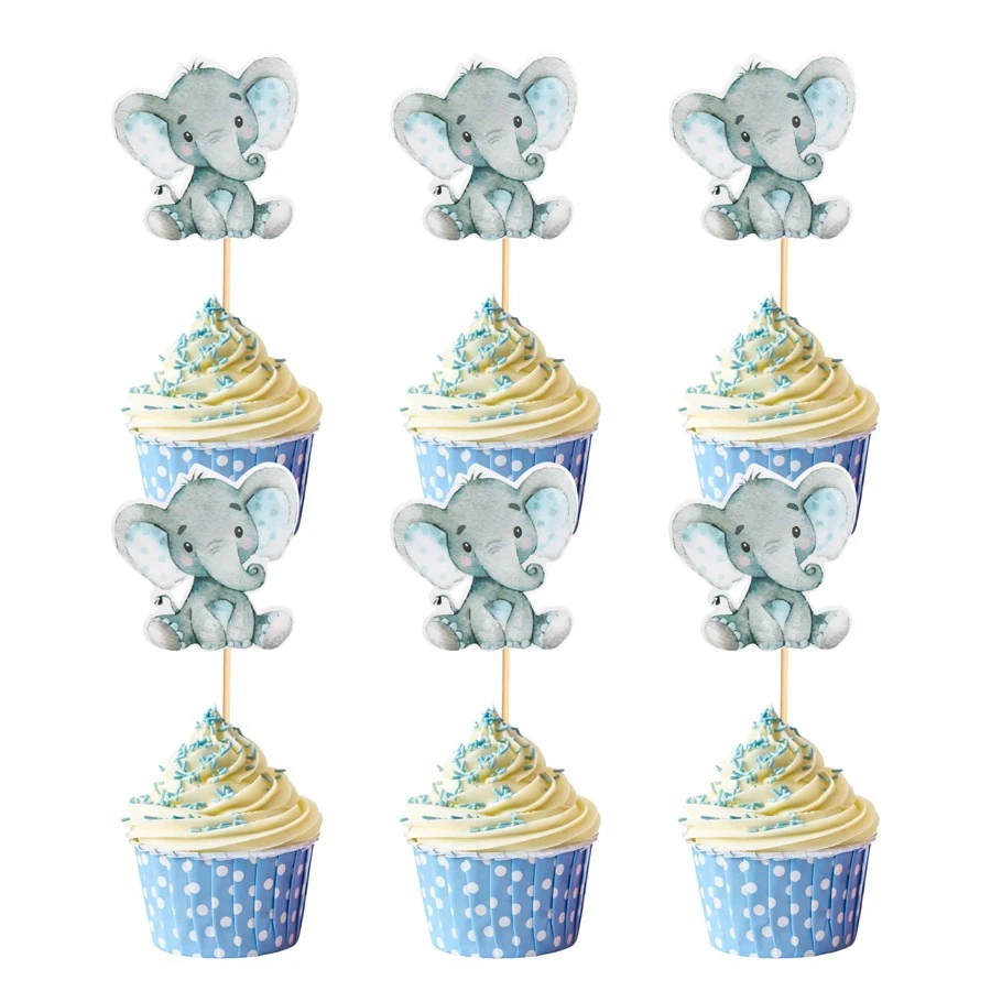 12pcs Printed Cute Paper Gender Reveal Blue & Pink Elephant Cupcake Toppers, Baby Birthday Party Theme Decoration Picks - Blue - View 1