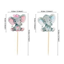 12pcs Printed Cute Paper Gender Reveal Blue & Pink Elephant Cupcake Toppers, Baby Birthday Party Theme Decoration Picks - Blue - View 2