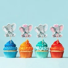 12pcs Printed Cute Paper Gender Reveal Blue & Pink Elephant Cupcake Toppers, Baby Birthday Party Theme Decoration Picks - Blue - View 4