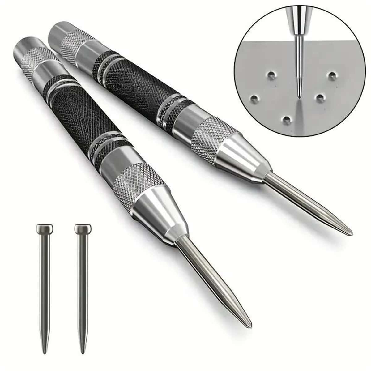 1pc/2pcs Auto-Center Punch, Universal Self-Centering Spring Loaded Metal Drilling Tool Center Hole Punch, Super Hard Tungsten Steel Sharp Tip, Auto Load Marking For Wood Press Machine, Metalworking Tool,Tool Accessories