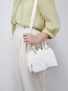 精緻、優雅的便攜式 1 件白色壓花皮夾搭配時尚優雅雙拉鍊貝殼包適合女性日常使用或購物女性、女士送給女性、媽媽和女朋友的最佳個性化禮物 - 白色 - 查看 4