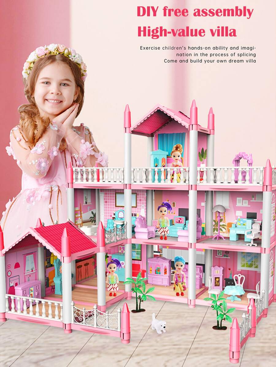 Juego de casa de muñecas con 4/9/11 habitaciones y accesorios de muebles multicapa en rosa. Adecuado para niñas de 5 a 10 años como juguete de construcción DIY y regalo perfecto para cumpleaños y Año Nuevo. Decoración del hogar