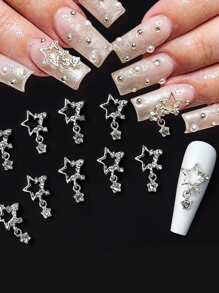 1 包 10 件五角星美甲饰品闪亮心形水钻 3D 指甲装饰闪光指甲修甲配件 DIY 指甲饰品指甲宝石美甲用品 - 銀色 - 查看 2