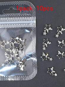 1 包 10 件五角星美甲饰品闪亮心形水钻 3D 指甲装饰闪光指甲修甲配件 DIY 指甲饰品指甲宝石美甲用品 - 銀色 - 查看 4