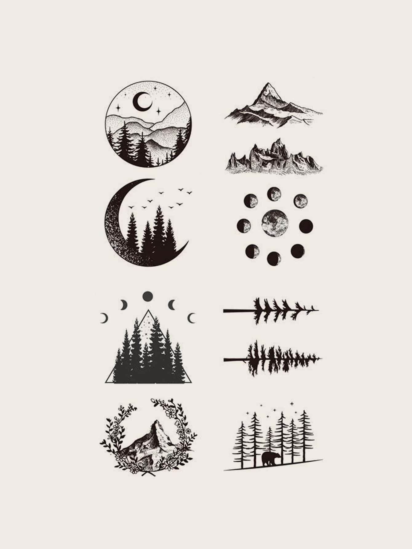 1 套/4 件防水临时纹身贴纸，带有月亮森林山脉和黑熊图案，适合男女在节日和派对上佩戴