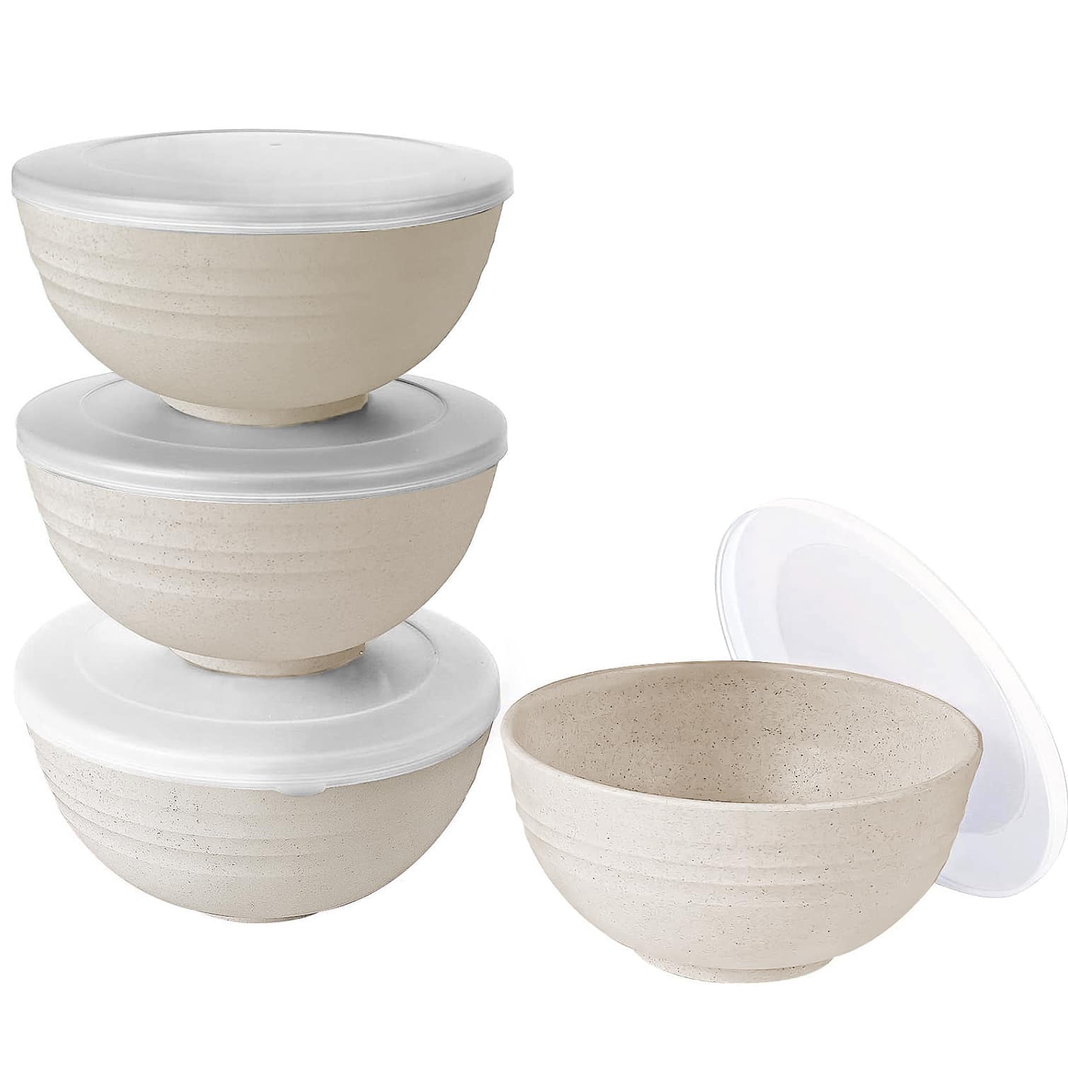 Set Of 4 Covered Wheat Fiber Plastic Cereal Bowls In Beige, Microwave