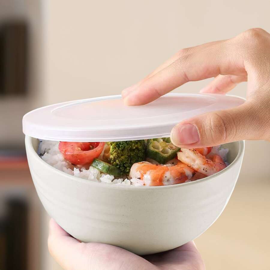 Set Of 4 Covered Wheat Fiber Plastic Cereal Bowls In Beige, Microwave