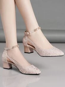 Fashionable Chunky Heel High Heels With Hollow Out Design For Women, Pointed Toe - Baby Pink - View 3