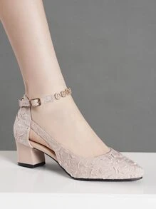 Fashionable Chunky Heel High Heels With Hollow Out Design For Women, Pointed Toe - Baby Pink - View 1