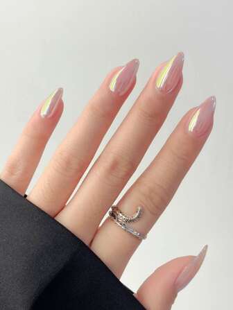 Set de 24 uñas postizas con forma de almendra corta con efecto de espejo, incluye 1 lima de uñas y 1 gelatina de pegamento para uñas. Suministros de uñas para presionar y fijar. uñas falsas uña falsa uña acrílica