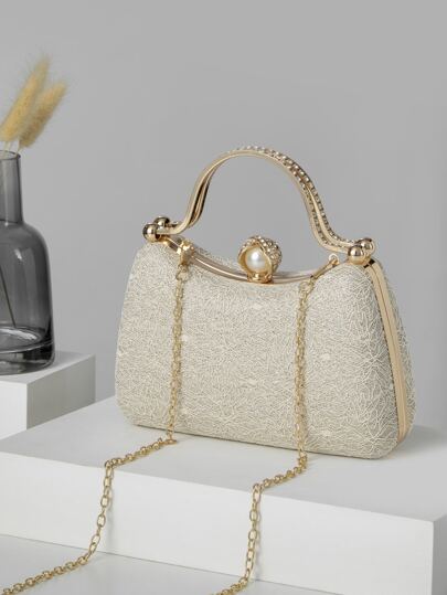 迷你手持奢华优雅蕾丝珍珠水钻盒形晚装包、婚礼手拿包