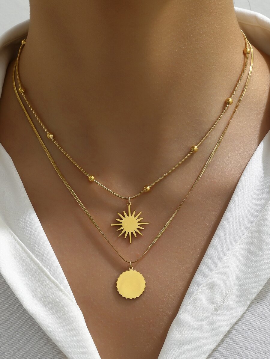 1pc Fashionable Sun And Star Elements Double Layer Beaded Stainless Steel Pendant Necklace Suitable For Women's Daily Wear - Yellow Gold - View 1