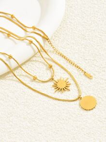 1pc Fashionable Sun And Star Elements Double Layer Beaded Stainless Steel Pendant Necklace Suitable For Women's Daily Wear - Yellow Gold - View 2