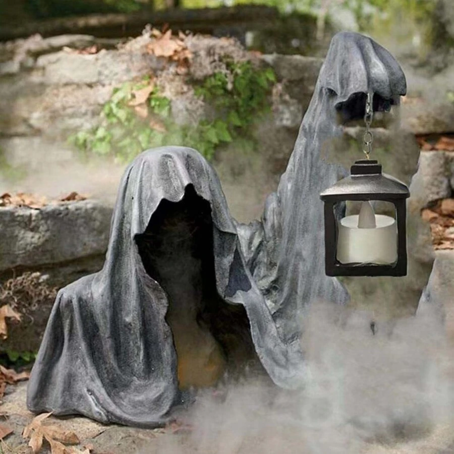 1 Miếng Reaper Với Đèn lồng Đồ trang trí Cho Halloween , Nhựa Điêu khắc Con ma Tượng Đồ trang trí - màu đen - Xem 1