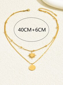 1pc Fashionable Sun And Star Elements Double Layer Beaded Stainless Steel Pendant Necklace Suitable For Women's Daily Wear - Yellow Gold - View 4