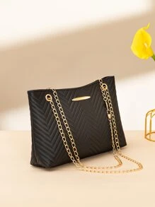 1pc Metal Decorated Pu Fashionable Women's Shoulder Bag, Simple And Practical Chain Bag, Ladies' Handbag - Black - View 2