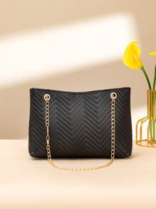 1pc Metal Decorated Pu Fashionable Women's Shoulder Bag, Simple And Practical Chain Bag, Ladies' Handbag - Black - View 3