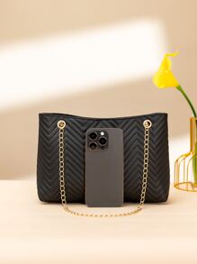 1pc Metal Decorated Pu Fashionable Women's Shoulder Bag, Simple And Practical Chain Bag, Ladies' Handbag - Black - View 5