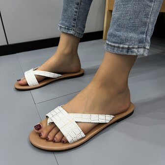 Damen Krokodilleder-Prägung Zehentrenner Sandalen, neue flache Sandalen