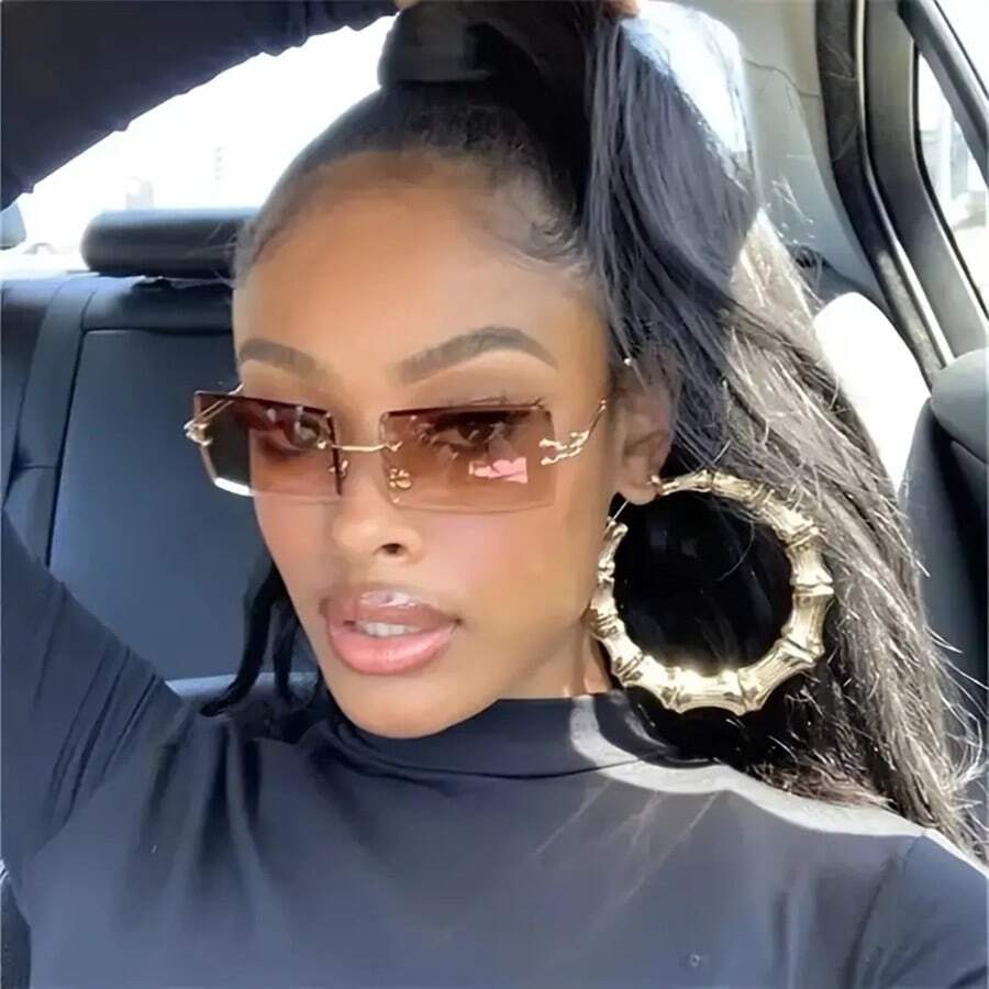 Gafas de moda vintage sin montura con lentes de colores para mujer, marco de metal dorado, gafas de moda retro cuadradas, accesorios de protección, accesorios de playa, básicas para outfits de mujer de negocios casuales en otoño e invierno, regalos para vacaciones de verano, playa, al aire libre y viajes - Marrón - Ver 1